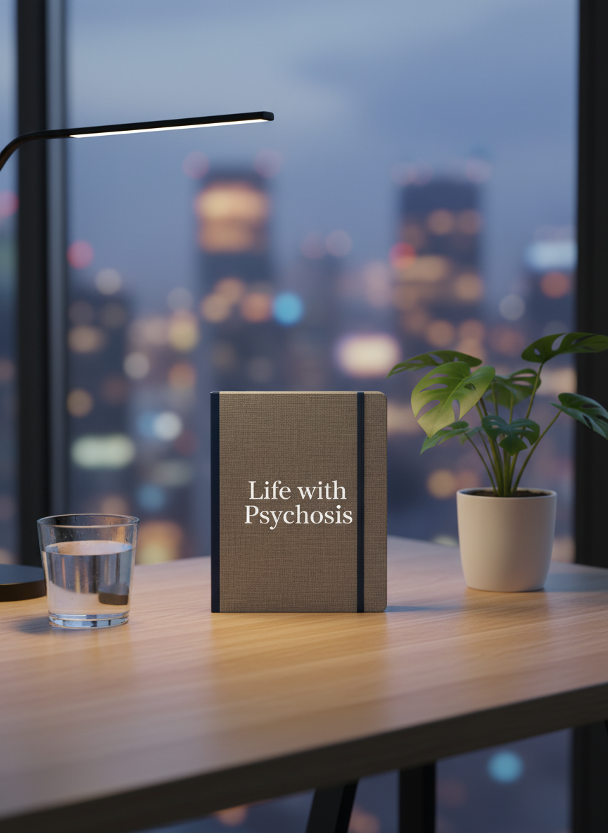 A neatly organized wooden writing desk with a closed, fabric-bound journal titled “Life with Psychosis” resting at the center, beside a clear glass of water and a small, healthy green plant in a matte white ceramic pot. The desk sits near a large window overlooking an abstract, softly blurred cityscape at dusk. Cool, diffused natural light mixes with the warm glow from a minimalist desk lamp, creating gentle shadows and calm contrast. Photographic realism with a clean, modern aesthetic, shot at eye level with a shallow depth of field that keeps the journal in sharp focus while the background softly fades, evoking a grounded, educational, yet hopeful atmosphere suitable for a professional mental health blog.