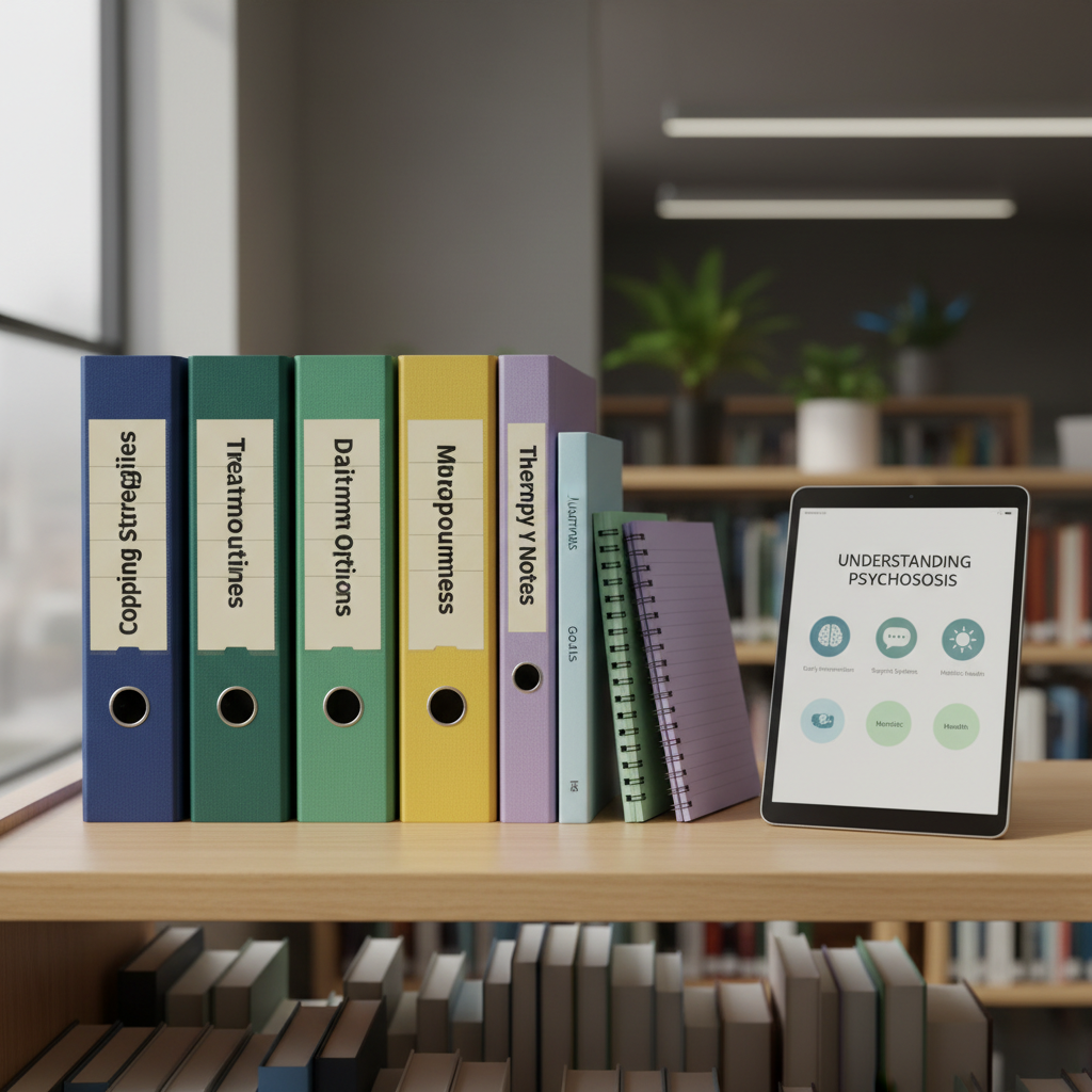 A stack of carefully labeled, color-coded binders and notebooks on a smooth light-ash shelf, each spine clearly marked with topics like “Coping Strategies,” “Treatment Options,” and “Daily Routines.” Beside them, a tablet displays a clean, professional mental health infographic with simple icons and muted blue and green tones. Soft overcast window light enters from the left, casting subtle, reassuring shadows and gentle highlights along the edges of the binders. The composition follows the rule of thirds in photographic realism, with the focus on the labels while the background shelves blur slightly, conveying an organized, trustworthy hub of educational resources about psychosis.