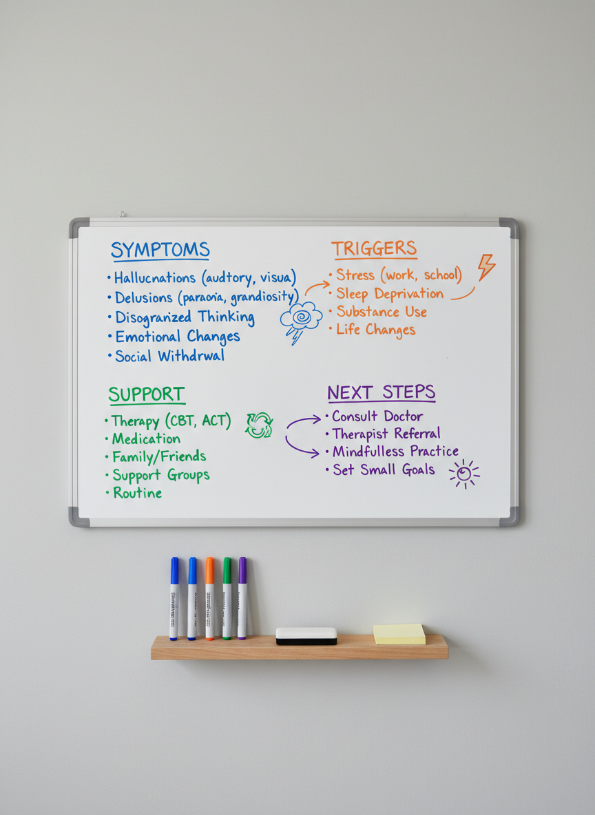 A minimalist whiteboard mounted on a light gray wall, covered with neatly written, color-coded notes and arrows. Sections are labeled “Symptoms,” “Triggers,” “Support,” and “Next Steps,” each in different ink colors, with simple hand-drawn icons like a cloud for overwhelm and a sun for progress. Below the whiteboard, a small shelf holds dry-erase markers, an eraser, and a neatly stacked set of sticky notes. Bright, diffused daylight from an unseen window illuminates the board evenly, creating a clean, clinical yet approachable feel. Photographic realism with an eye-level, straight-on composition and sharp focus throughout, reflecting structured, educational guidance for understanding psychosis.