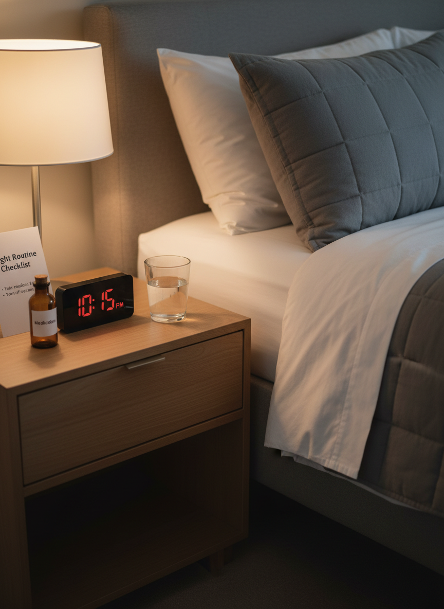 A modern nightstand beside an unoccupied, neatly made bed with crisp white linens and a soft gray quilt. On the nightstand sits a digital alarm clock showing 10:15 PM, a small amber glass bottle labeled “Medication,” a simple glass of water, and a paper card titled “Night Routine Checklist” with bullet points partially visible. Warm bedside lamp light pools gently over the objects, leaving the rest of the room in soft shadow. Photographic realism, captured from a slightly elevated side angle, with the nightstand in sharp focus and the bed gently blurred, evoking a practical, reassuring mood about establishing consistent sleep and medication routines while living with psychosis.
