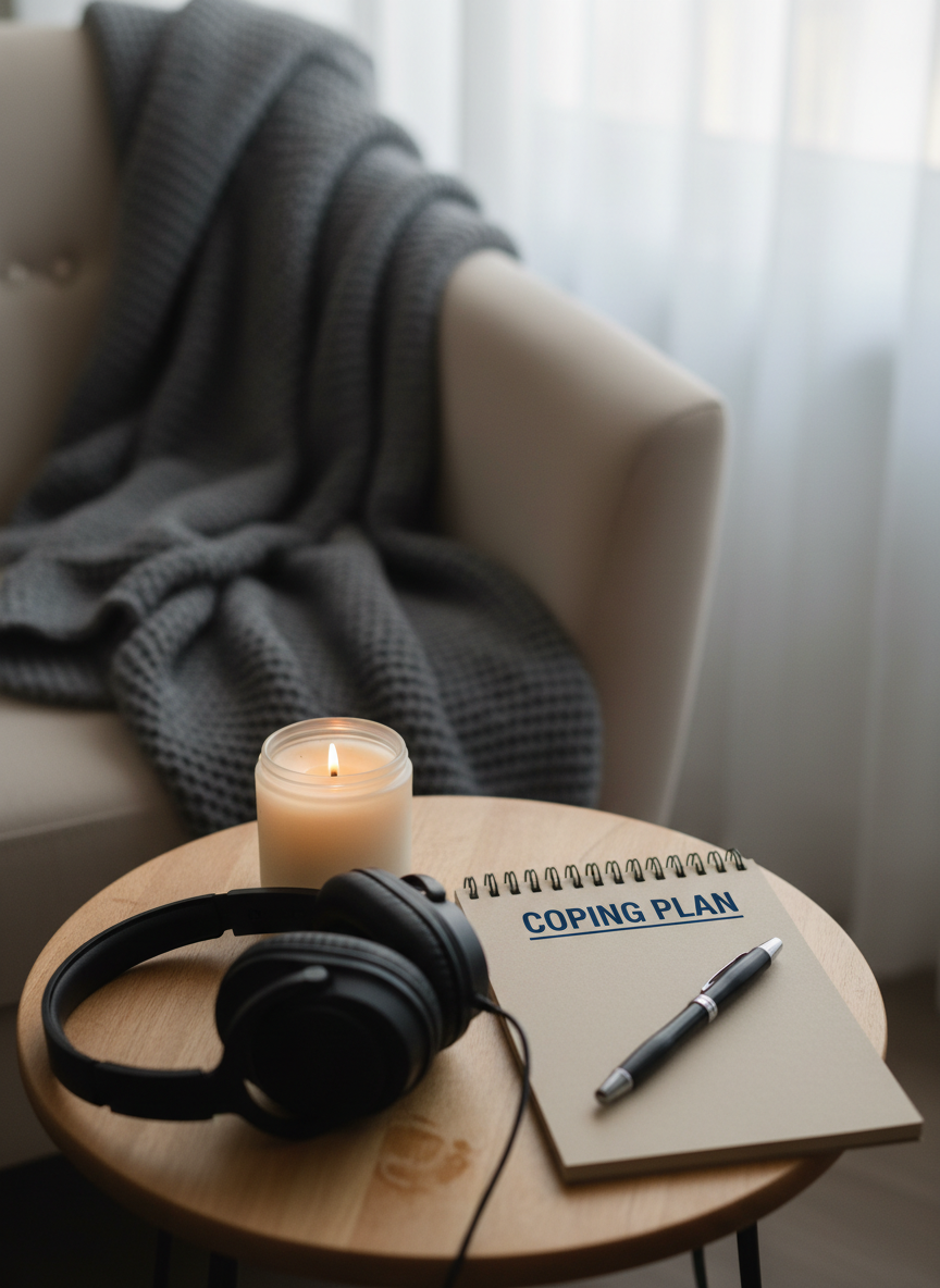 A cozy corner of a room featuring a plush, neutral-toned armchair draped with a textured gray blanket, facing a small round wooden side table. On the table rest noise-cancelling headphones, a half-burned soy candle in a frosted glass jar, and a notepad titled “Coping Plan” with a pen laid across it. Soft, late-afternoon natural light filters through sheer curtains, giving the space a warm yet gentle glow. Photographic realism, shot from a slightly elevated angle, with a shallow depth of field so the coping tools are crisp while the armchair and curtains softly blur, creating a calm, safe atmosphere for learning about managing psychosis in daily life.