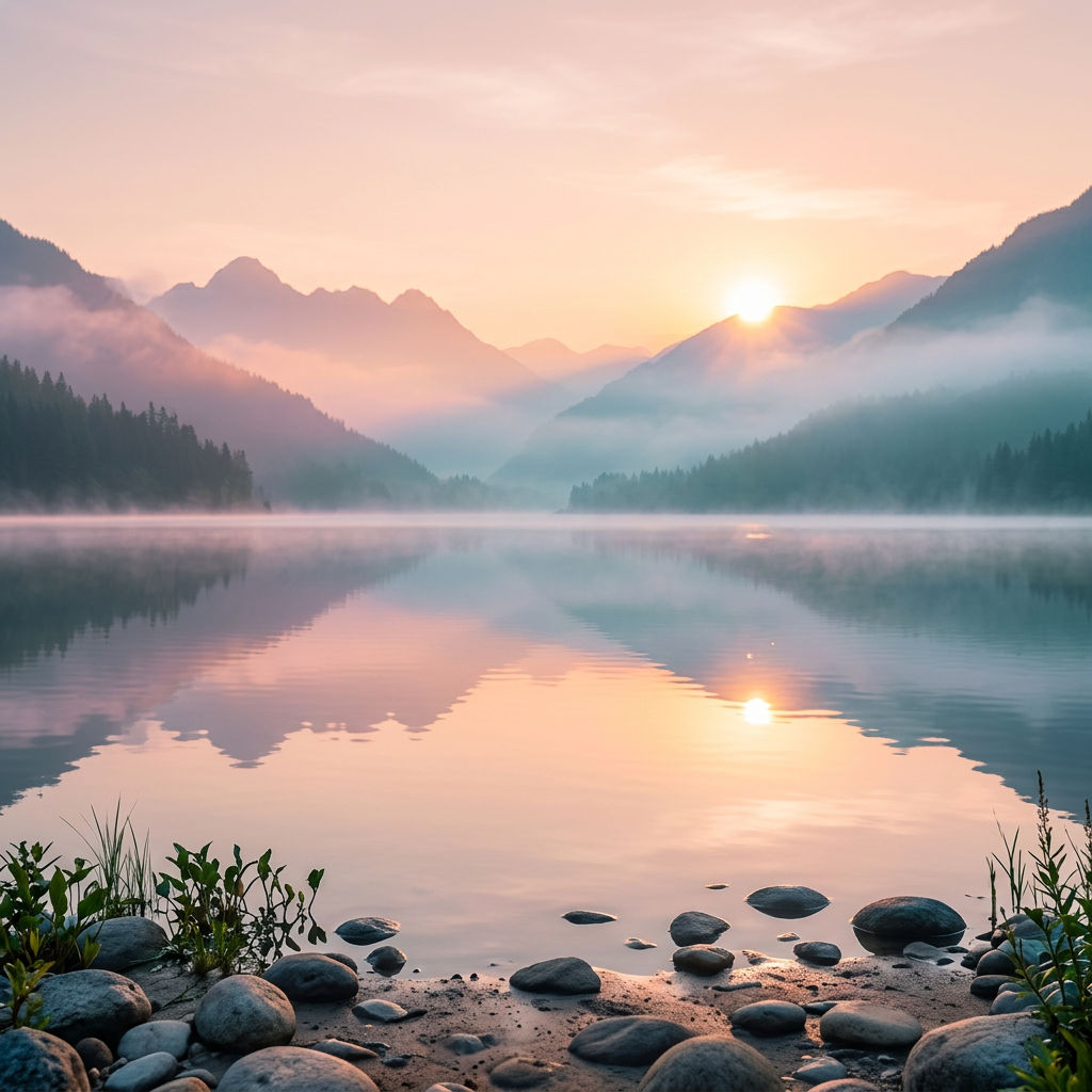 Sun rising behind misty mountains over a calm lake reflecting the sky