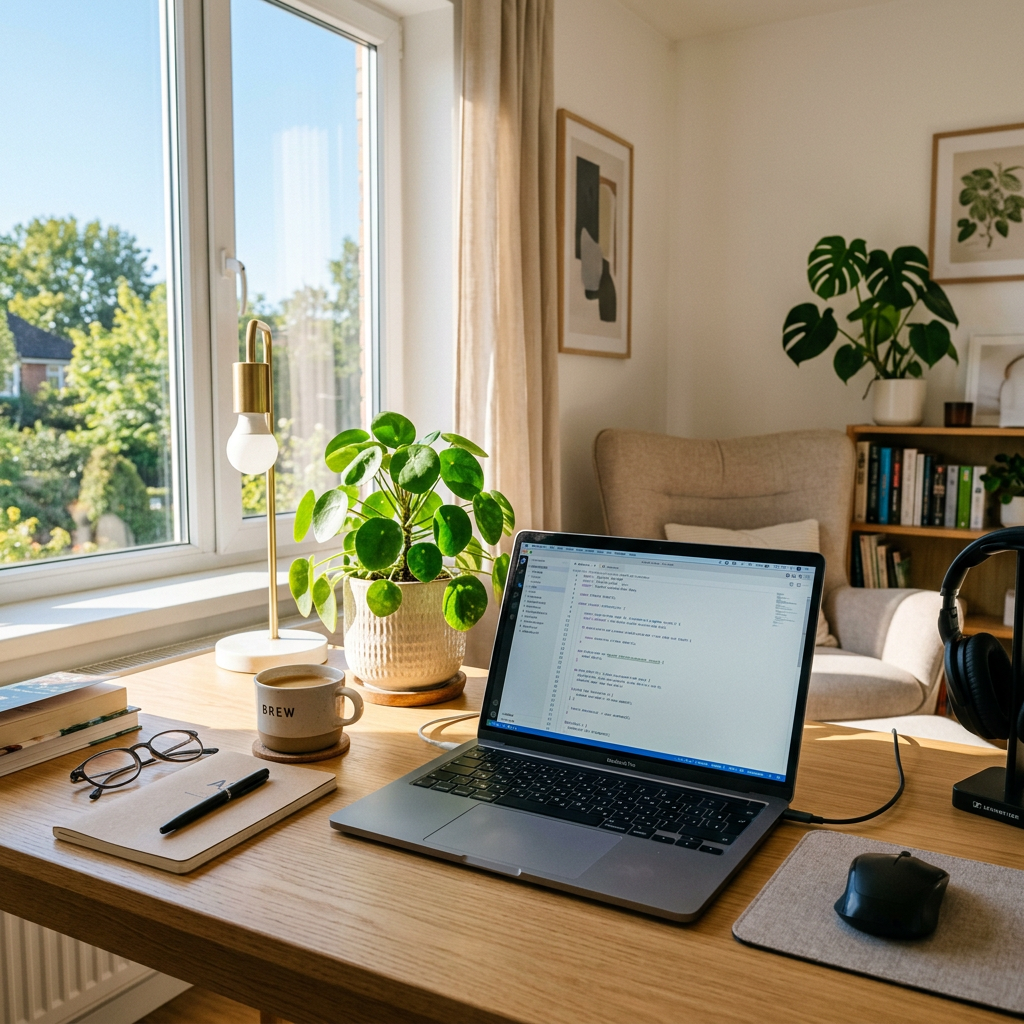 Home office desk with laptop, plant, coffee cup, notebook, and headphones