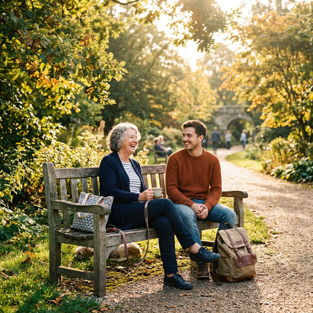 Older woman and young man sitting on park bench talking and smiling