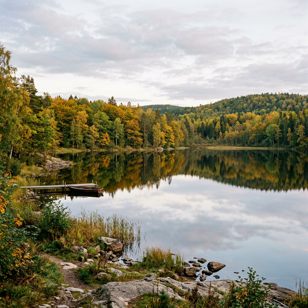 Calm lake with autumn trees reflecting in water and a small docked boat