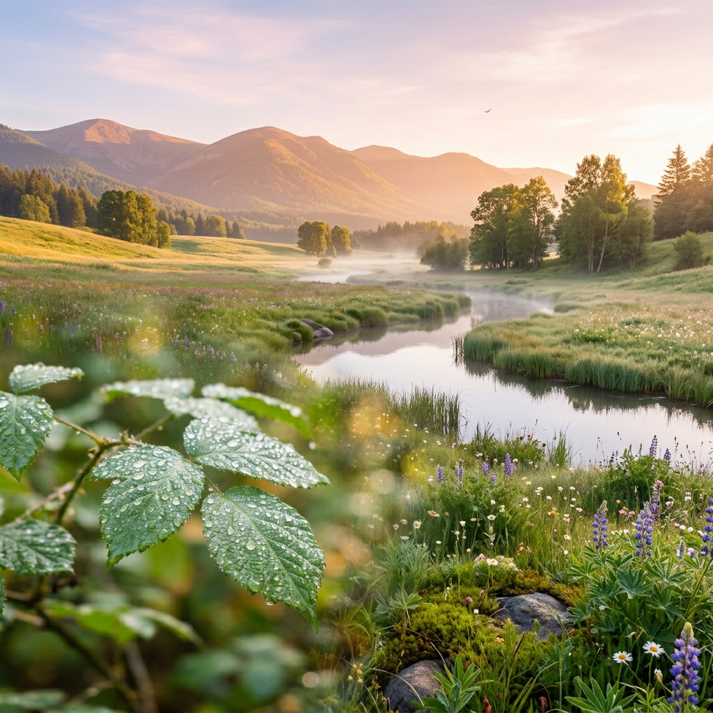 River winding through a grassy valley surrounded by wildflowers and mountains with dew-covered leaves in foreground.