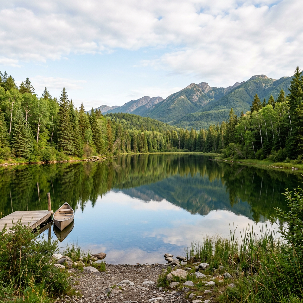 Tranquil mountain lake with dock, canoe, and forest reflection